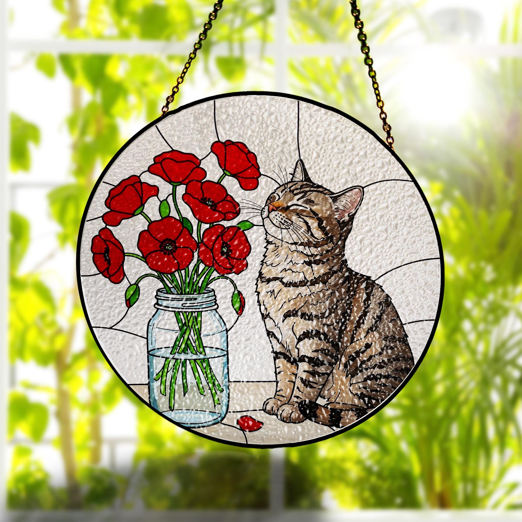 Tabby Cat & Red Poppies Glass Suncatcher: Cat Lover Gift