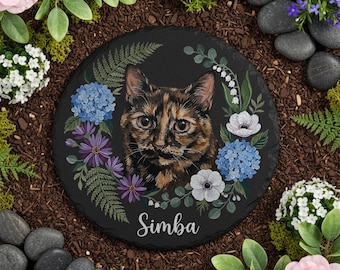 Custom Pet Portrait Garden Stone Cat Memorial Plaque Floral Outdoor Decor Personalized Name