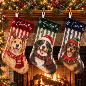 May include: Three Christmas stockings featuring dog illustrations. The left is red and white striped with a golden retriever wearing a red scarf. The center is green and white striped with a Bernese mountain dog in a Santa hat. The right is blue and white striped with a dachshund in an elf hat.