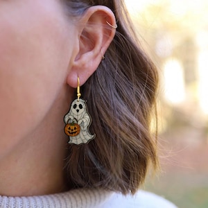 Cute Ghost Halloween Earrings, Trick or Treat Pumpkin Dangle Jewelry, Spooky Fall Accessory, Fun Acrylic Earrings for Her