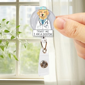 Dogtor Badge Reel: Funny Vet Tech ID Holder, Holographic Dog Clip