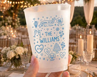 Personalisierte mattierte Hochzeitstasse, Party-Trinkgefäß aus Kunststoff, Name und Datum Design
