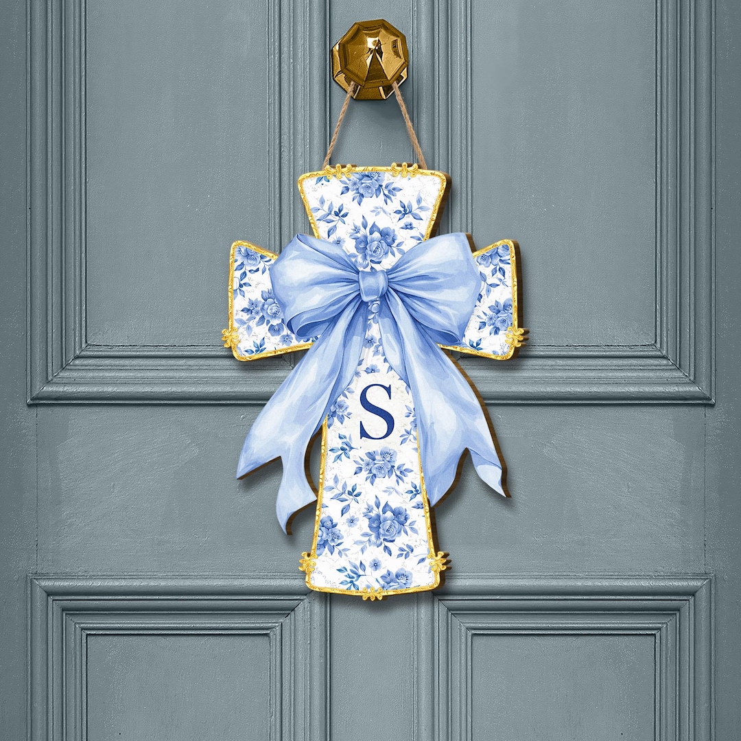Chinoiserie Cross Wooden Sign: Personalized Initial Sign Floral Wood ...