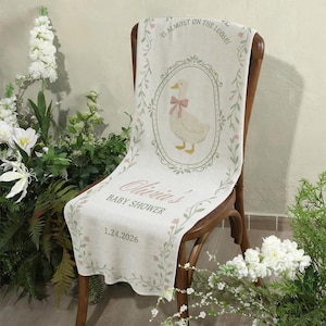 Pancarta personalizada para baby shower con temática de gansos: tapiz de lino con temática de gansos graciosos. imagen 8