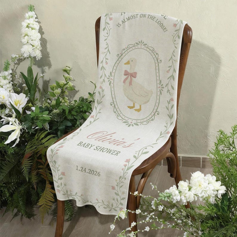 Pancarta personalizada para baby shower con temática de gansos: tapiz de lino con temática de gansos graciosos. imagen 8