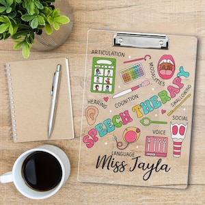 May include: A clipboard with the words "Speech Therapy" and related illustrations. The clipboard has a metal clip at the top and the name "Miss Jayla" at the bottom. A cup of coffee, a pen, and a notepad are also in the image.