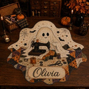 May include: A scalloped, quilted fabric mat featuring a central illustration of a ghost using a vintage sewing machine. The design includes orange, black, and cream patchwork patterns, stars, bats, and the name Olivia printed in black script.