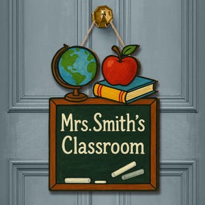 Personalized Teacher Classroom Door Sign: Globe & Apple Decor