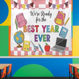 Tapiz personalizado de regreso a clases, decoración de pared para el aula, letrero para el primer día de clases, pancarta para maestros, tapiz "El mejor año de la historia", decoración para el aula.
