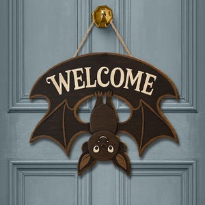 Bat Welcome Sign: Rustic Wooden Halloween Door Hanger
