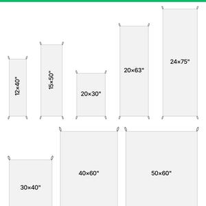 Puede incluir: Una tabla de tallas de tapiz de lino con el texto Linen Tapestry en la parte superior. Se muestran siete contornos rectangulares con dimensiones en pulgadas: 12x40, 15x50, 20x30, 20x63, 24x75, 30x40, 40x60 y 50x60, cada uno con peque&ntilde;as presillas.