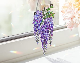 Decorazione olografica per finestra con glicine, in acrilico viola, da appendere alla finestra.