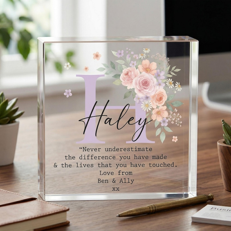 Personalized Clear Acrylic Block Plaque Floral Initial Desk Accessory ...