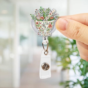 Holographic Floral RX Acrylic Badge Reel: Pharmacist ID Holder, Apothecary Gift