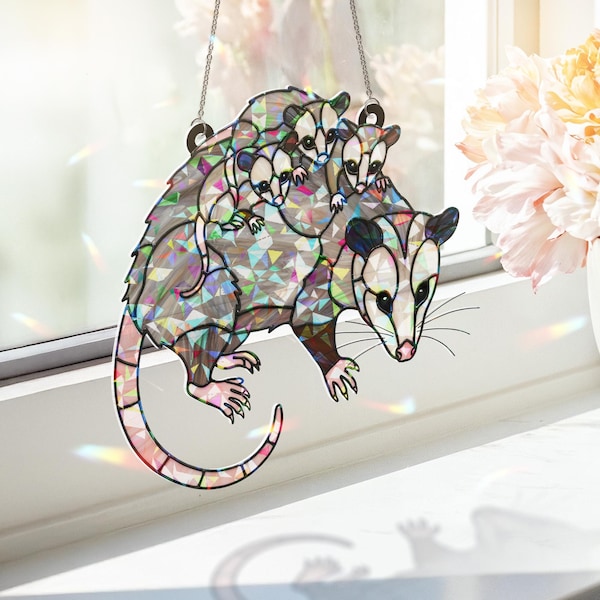 Opossum Mom Window Hanging: Hologram Acrylic Window Decor