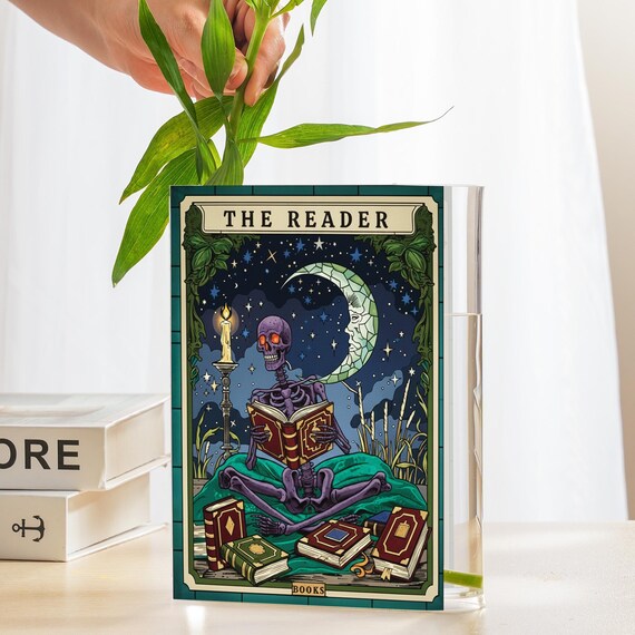 Reader Tarot Style Acrylic Book Vase: Skeleton Bookish Decorative Vase
