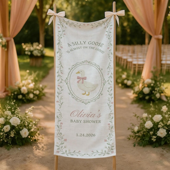 Personalized Goose Baby Shower Banner: Silly Goose Theme Linen Tapestry