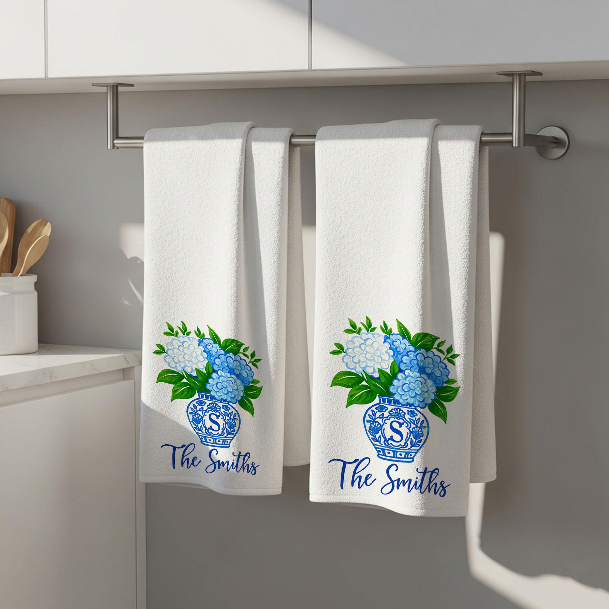 Personalized Kitchen Towel with Family Name – Blue Chinoiserie Hydrangea Flower Vase Hand Towel – Custom Monogram Tea Towel Gift for Home