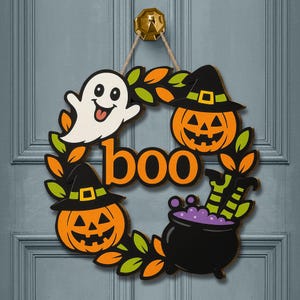 Deurbordje Halloween Boo: houten decor spook, pompoen en heks