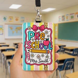 Preschool Teacher Badge Holder, Custom Name ID Lanyard, Cute Apple Pencil Design, Colorful Back to School Gift, Classroom Accessory