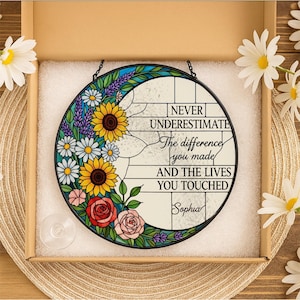 Personalized Retirement Glass Suncatcher Gift, Floral Glass Hanging Decor, Thank You Keepsake for Teacher or Coworker