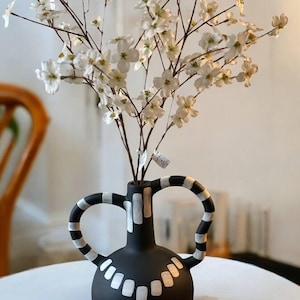 Handmade Modern Striped Vase with Dual Handles – Abstract Ceramic Art Piece