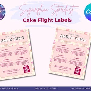 Könnte beinhalten: Zwei rosa Cake Flight Labels mit Text, darunter "Sugarplum Stardust" und "Cake Flight Labels". Die Etiketten haben einen hellrosa Hintergrund mit einem Muster aus kleinen Kuchen und Süßigkeiten. Die Etiketten enthalten Platz für Kuchennamen, Zutaten und Allergeninformationen.