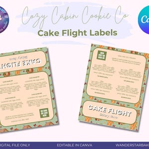 Könnte beinhalten: Zwei druckbare Kuchen-Flight-Etiketten mit hellgrünem Hintergrund und Lebkuchenmann-Muster. Die Etiketten bieten Platz für Kuchennamen, Zutaten und Allergeninformationen. Der Text "Cake Flight" ist deutlich sichtbar.