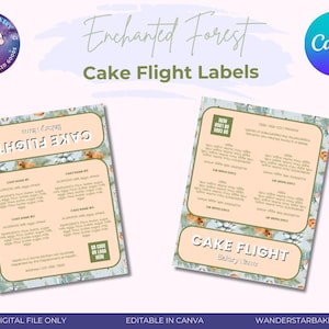 Könnte beinhalten: Zwei druckbare "Cake Flight Labels" mit dem Thema "Enchanted Forest". Die Etiketten haben einen hellgrünen floralen Hintergrund und enthalten Textfelder für Kuchennamen und Zutaten. Das Design enthält ein Logo für Wanderstar Bakery.