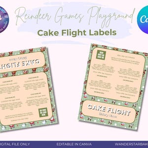 Könnte beinhalten: Zwei druckbare "Cake Flight Labels" mit festlichem Design. Die Etiketten haben einen grün-weiß karierten Hintergrund, einen hellbraunen Mittelteil für Kuchenangaben und einen Rand mit Illustrationen von Weihnachtsmännern und Rentieren. Der Text "Cake Flight" ist deutlich sichtbar.