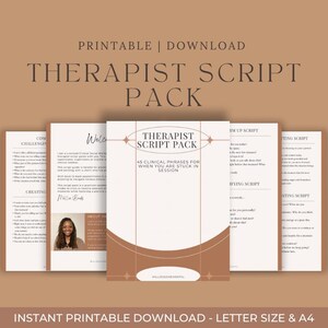 Könnte beinhalten: Ein druckbares Therapist Script Pack zum Herunterladen mit einem beige-weißen Design. Auf dem Cover steht "Therapist Script Pack" mit dem Text "45 klinische Sätze für den Fall, dass Sie in der Sitzung stecken". Das Bild enthält auch den Text "Druckbar | Download".