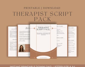 May include: A Therapist Script Pack printable download with a tan and white design. The cover reads "Therapist Script Pack" with the text "45 Clinical Phrases for When You Are Stuck in Session". The image also includes the text "Printable | Download".