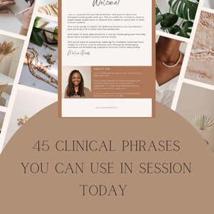 May include: A digital download product with a beige background. The image features text that reads "45 Clinical Phrases You Can Use in Session Today." There is also text that reads "Download and Print."