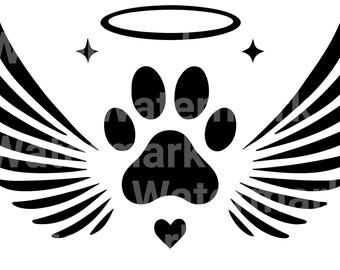 May include: Black and white graphic of a paw print with angel wings, a halo, and a heart. The paw print is in the center, with wings on either side. A halo is above the paw print, and a heart is below.