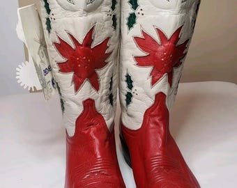 【vintage】RED COVER Western boots White Acme 1995 Holly Poinsettia Christmas Cowboy Boots Sz 10 NEW