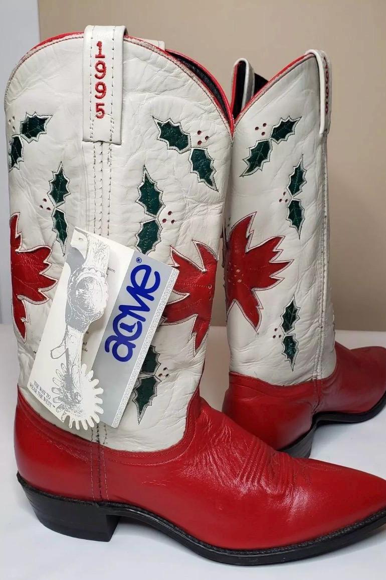 Acme 1995 Holly Poinsettia Christmas Cowboy Boots Sz 10 NEW
