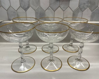 Fostoria Rambler Etched  Champagne Sherbet Gold Rim Martini Craft Cocktail Glasses 6