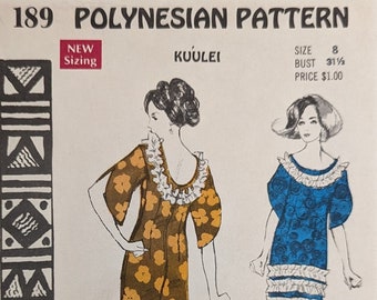 POLYNESIAN 189 UNCUT Size 8 Bust 31 1/2" Kuúlei MuuMuu Tropical Hawaiian Dress Gown Ruffles Sleeves Maxi Vintage 1960's Pattern
