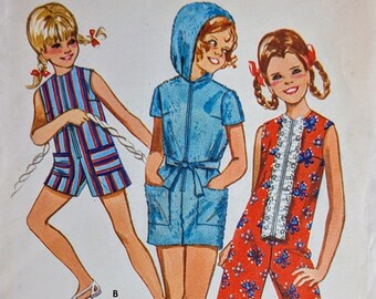 BUTTERICK 5291 Size 7 Chest 26" Girl's Jumpsuit Romper Hooded Playsuit Shorts Sleeveless Short Sleeve Belt Kids Vintage 1960's Pattern
