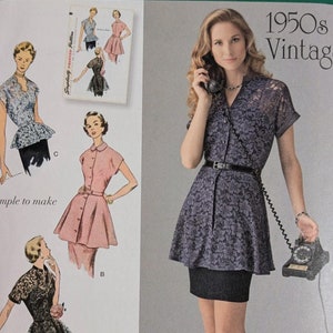 SIMPLICITY 1460 UNCUT Size 6-14 Reproduction 1950's Vintage Tunic and Peplum Blouse Shirt Top Peter Pan Collar Short Sleeves Pattern