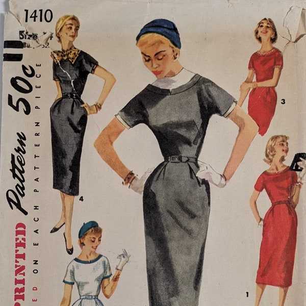 SIMPLICITY 1410 Size 14 Bust 32" One-Piece Dress with Detachable Neck & Sleeve Trim Midi Bateau Boatneck Vintage 1950's Pattern