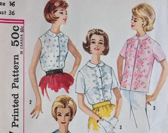 SIMPLICITY 4888 Size 16 Bust 36" Blouse Shirt Top Peter Pan Collar Long Short Sleeves Sleeveless Vintage 1960's Pattern