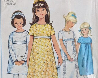 SIMPLICITY 6287 Size 10 Girl's Dress in Two Lengths Empire Waist Short Long Sleeves Kids Vintage 1960's Pattern