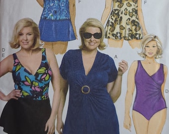 BUTTERICK 5795 UNCUT Sz 18W-24W Tallas grandes Traje de baño Vestido de baño Cover-Up Falda superior y calzoncillos Patrón de traje de baño con tallas de copa