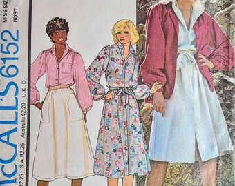 McCALL'S 6152 UNCUT Size 10 Bust 32 1/2" Dress or Shirt Shirtdress Long Sleeves Tie Belt Vintage 1970's Pattern