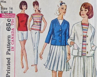 SIMPLICITY 5838 Size 14 Bust 34 Jacket Cardigan Bateau Neckline Blouse Top Shirt Pleated Skirt Shorts Vintage 1960's Pattern