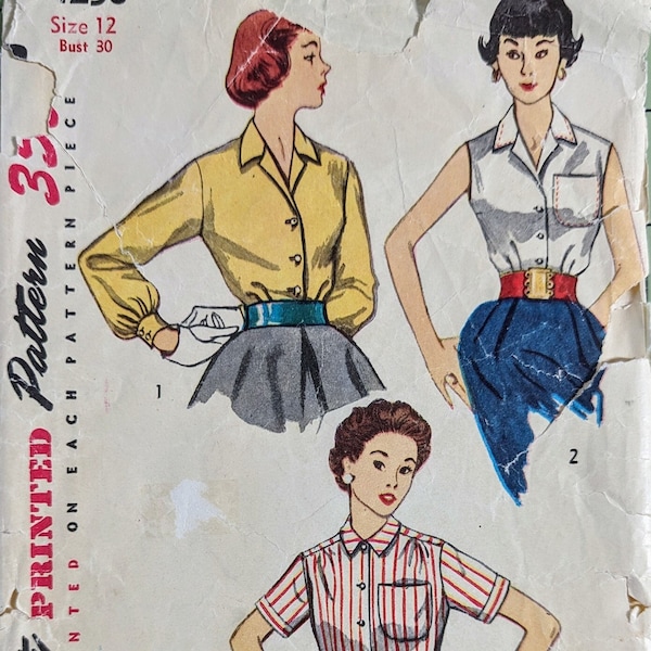 SIMPLICITY 4256 WOUNDED BIRD Size 12 Bust 30" Blouse Shirt Button Front Collar Short Long Sleeves Sleeveless Classic Vintage 1950's Pattern