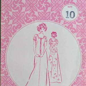 May include: A vintage sewing pattern titled "patterns pacifica" in pink and white. The cover features illustrations of two women in dresses, with a size 10 label. The background has a repeating floral pattern.