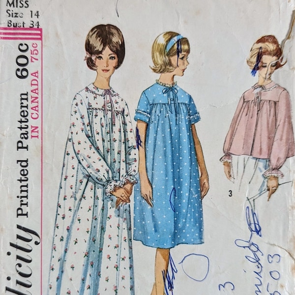 SIMPLICITY 5193 Size 14 Bust 34" Nightgown Bedjacket Sleepwear Pajamas Nightie Classic Vintage 1960's Pattern