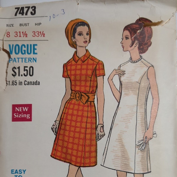VOGUE 7473 Size 8 Bust 31 1/2" One-Piece Dress A-Line Jewel Neckline Rolled Collar Princess Seams Vintage 1960's Pattern